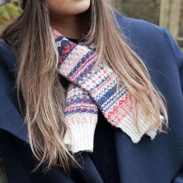 POM Peace Of Mind Cream & Coral Fair Isle Pull Through Scarf