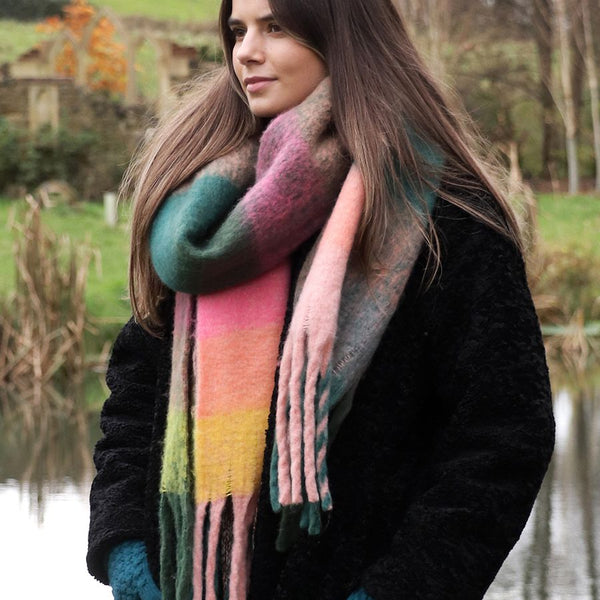 Peace of Mind Blue Green & Pink Fluffy Check Winter Scarf