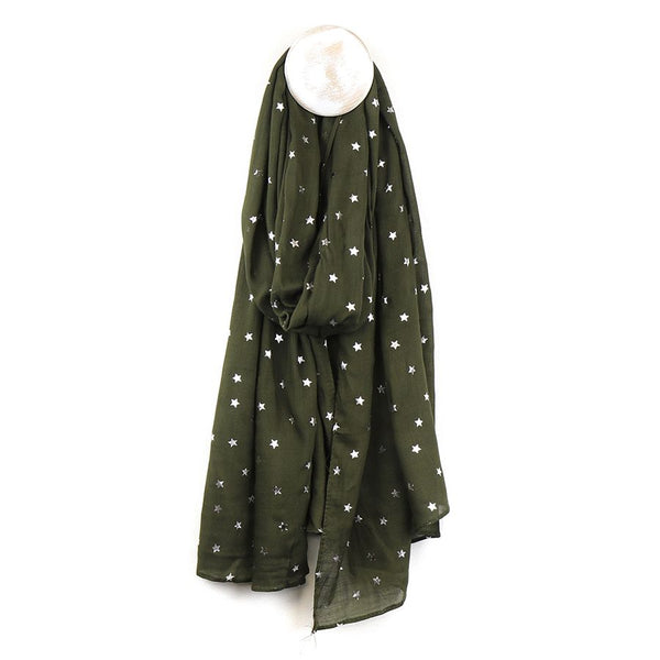 Peace of Mind Dark green scarf with metallic star print