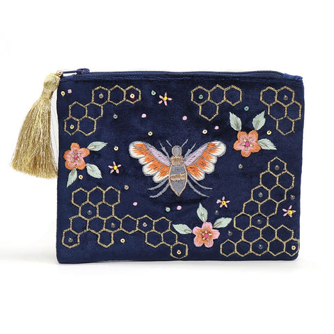 POM Navy Velvet Floral Bee & Honeycomb Large Purse