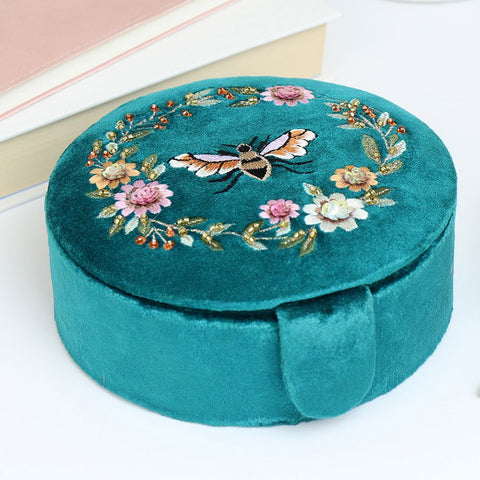 POM Teal Velvet Floral Bee Jewellery Box