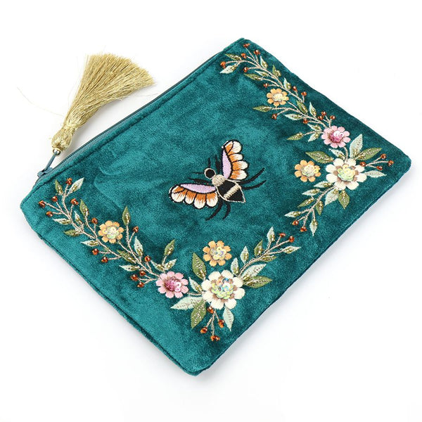 POM Teal Velvet Floral Bee Large Purse