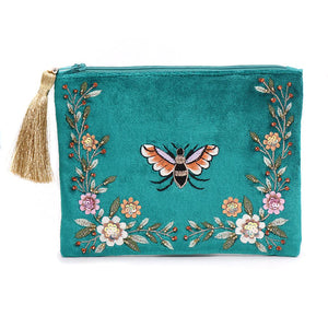 POM Teal Velvet Floral Bee Large Purse