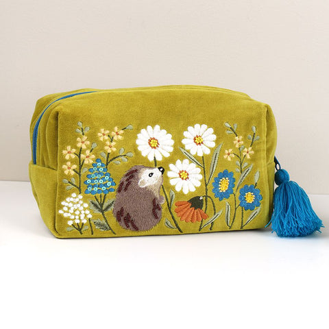 POM Chartreuse Velvet Embroidered Hedgehog Make Up Bag