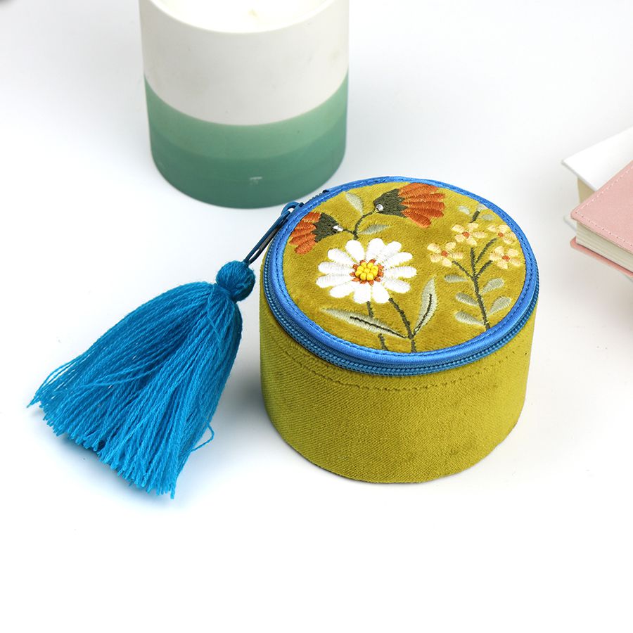 POM Chartreuse Velvet Embroidered Trinket Box