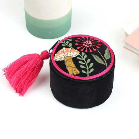 POM Black Velvet Embroidered Toadstools Trinket Box