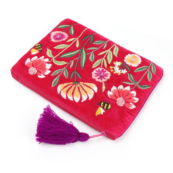 POM Fuchsia Velvet Embroidered Bee Large Purse