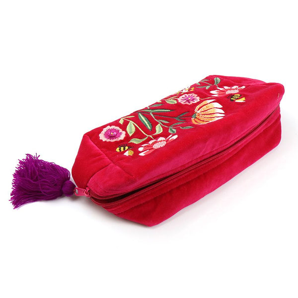 POM Fuchsia Velvet Embroidered Bee Make Up Bag