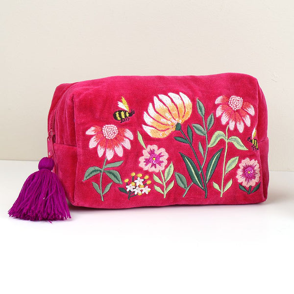 POM Fuchsia Velvet Embroidered Bee Make Up Bag