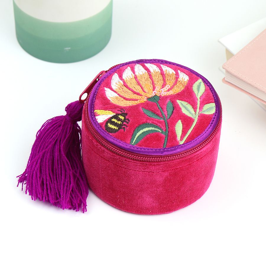 POM Fuchsia Velvet Embroidered Bee Trinket Box