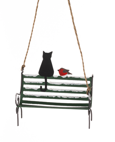 Shoeless Joe Christmas Black Cat on Park Bench