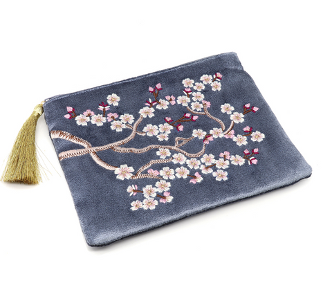 POM Blue Velvet Sakura Embroidered Large Purse