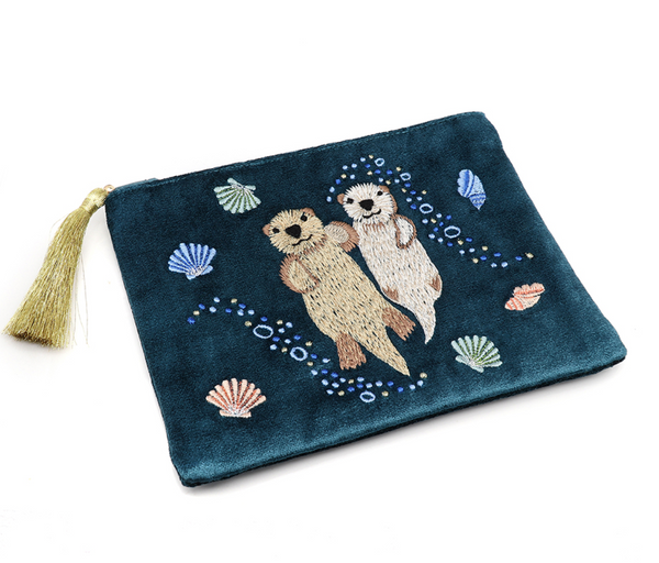 POM Teal Velvet Otters and Seashells Embroidered Zip Purse