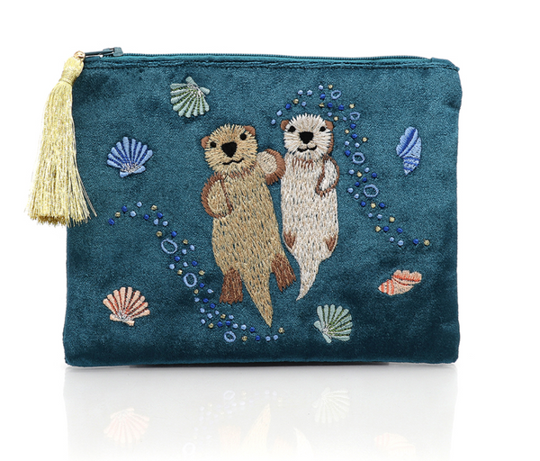 POM Teal Velvet Otters and Seashells Embroidered Zip Purse