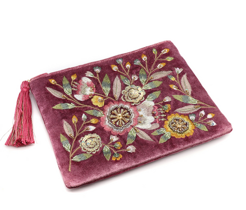 POM Pink Velvet Floral Embroidered Embellished Purse