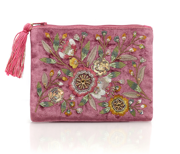 POM Pink Velvet Floral Embroidered Embellished Purse