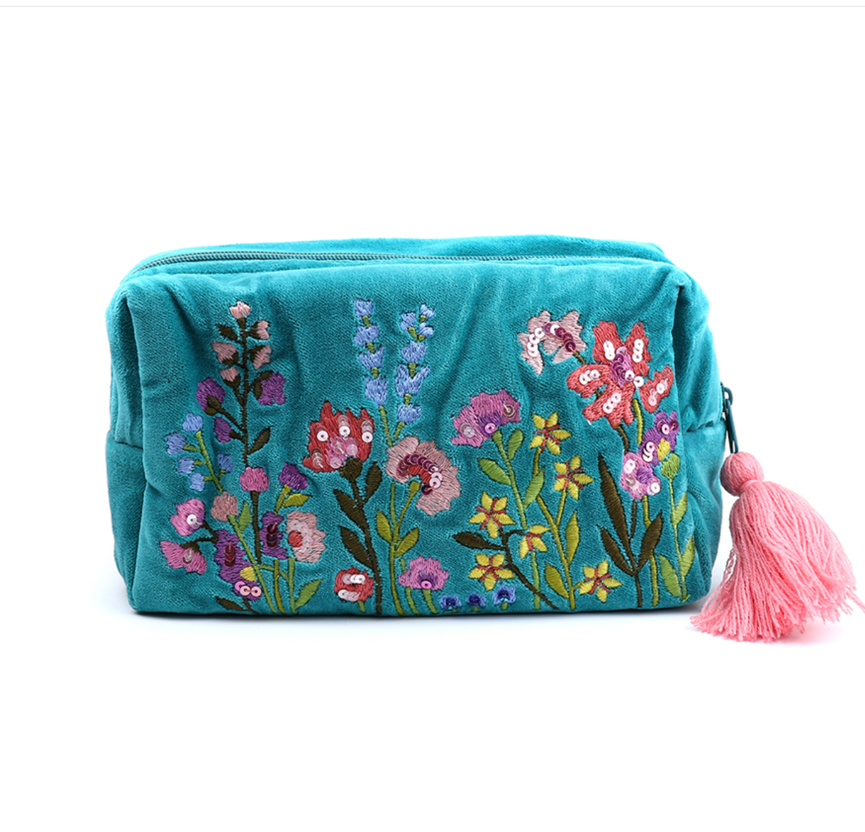 POM Turquoise velvet floral embellished wash bag