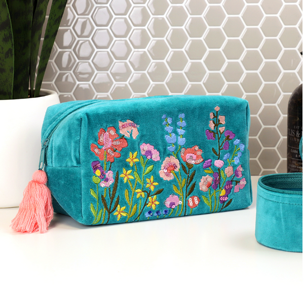 POM Turquoise velvet floral embellished wash bag