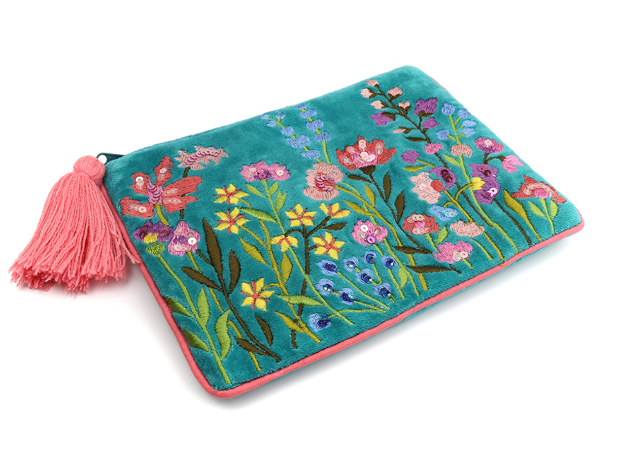 POM Turquoise Velvet Floral Embroidered Large Purse