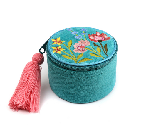 POM Turquoise Velvet Embroidered Trinket Box