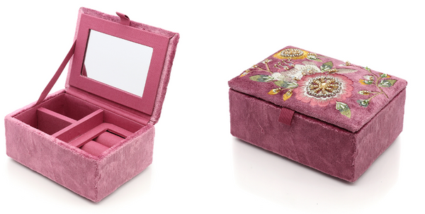 POM Pink Velvet Sakura Floral Embellished Jewellery Box