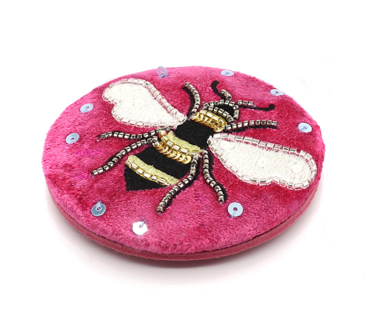 POM Rich Pink Velvet Embellished Bee Compact Mirror