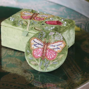 POM Green Velvet Embellished Butterfly Compact Mirror