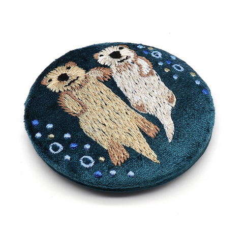 POM Teal Velvet Embroidered Otters Compact Mirror