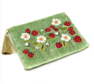 POM Pale Green Velvet Strawberries Embroidered Zip Purse