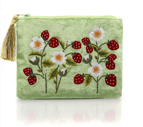 POM Pale Green Velvet Strawberries Embroidered Zip Purse