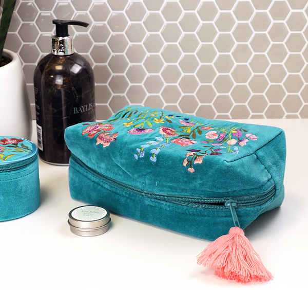 POM Turquoise velvet floral embellished wash bag